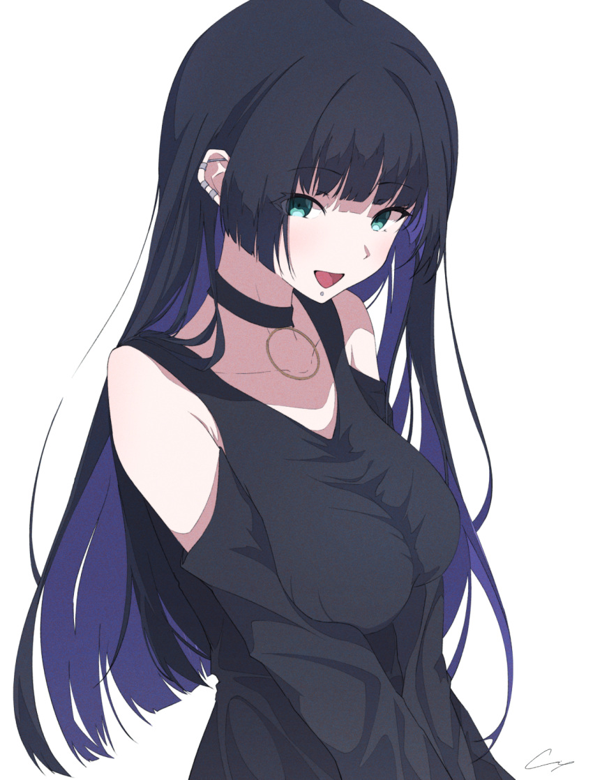 1girl, :d, barbell_piercing, black_choker, black_dress, black_hair, bocchi_the_rock!, breasts