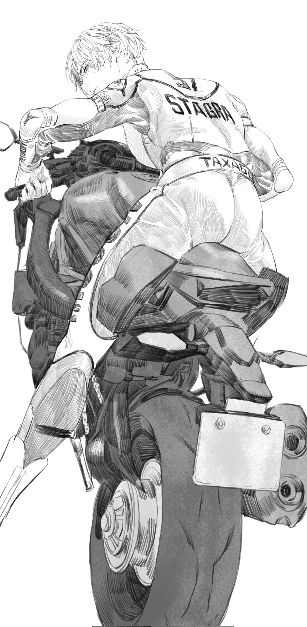 1boy, ass, bodysuit, claire_redfield, claire_redfield_(cosplay), cosplay, from_behind, greyscale