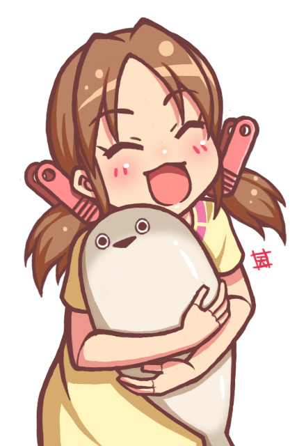 1girl, amayuki_esuka, animal_hug, black_mouth, blush, brown_hair, closed_eyes, clothes_pin