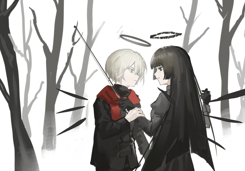 1boy, 1girl, aged_down, arknights, arturia_(arknights), bare_tree, black_dress, black_eyes