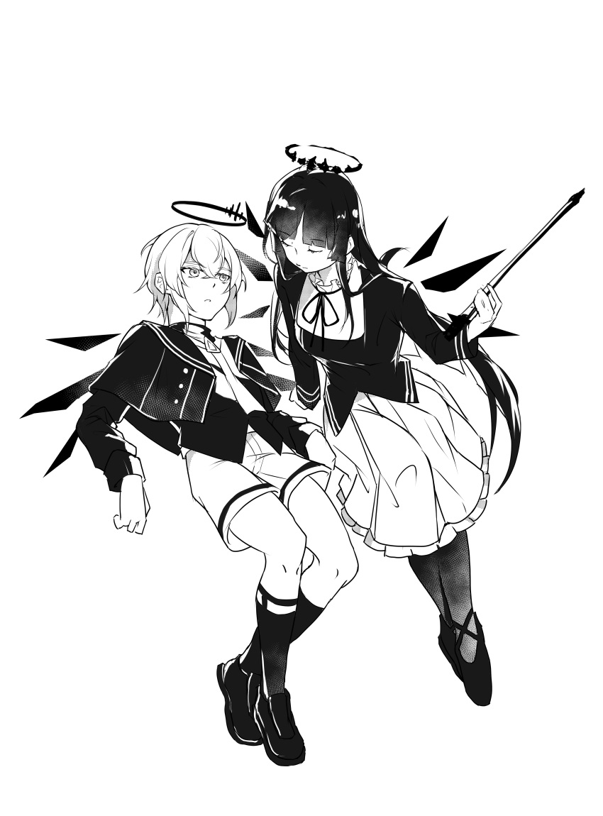 1boy, 1girl, absurdres, aged_down, arknights, arturia_(arknights), blunt_bangs, bow_(music), closed_eyes, closed_mouth, detached_wings, energy_wings, executor_(arknights), full_body, greyscale, halo, highres, holding, invisible_chair, jacket, kneehighs, long_hair, long_skirt, long_sleeves, monochrome, neck_ribbon, necktie, open_clothes, open_jacket, pantyhose, parted_lips, ribbon, shoes, short_hair, shorts, simple_background, sitting, skirt, socks, very_long_hair, white_background, wings, ziyuyuyu952