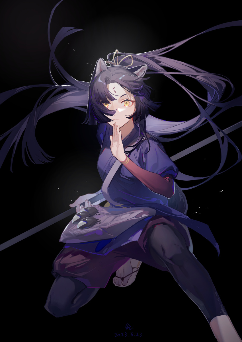 1girl, absurdres, animal_ears, arknights, black_background, black_hair, black_leggings, blue_kimono