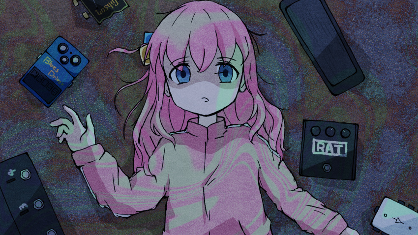 1girl, blue_eyes, bocchi_the_rock!, cube_hair_ornament, gotou_hitori, hair_between_eyes, hair_ornament, highres, jacket, long_hair, long_sleeves, looking_at_viewer, lying, messy_hair, on_back, on_floor, parted_lips, pink_hair, pink_jacket, sayoselene, shaded_face, solo, straight-on, track_jacket, upper_body
