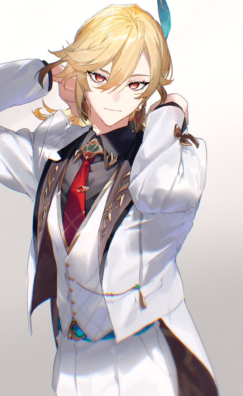 1boy, arms_up, belt, belt_buckle, black_shirt, blonde_hair, blue_belt, brooch