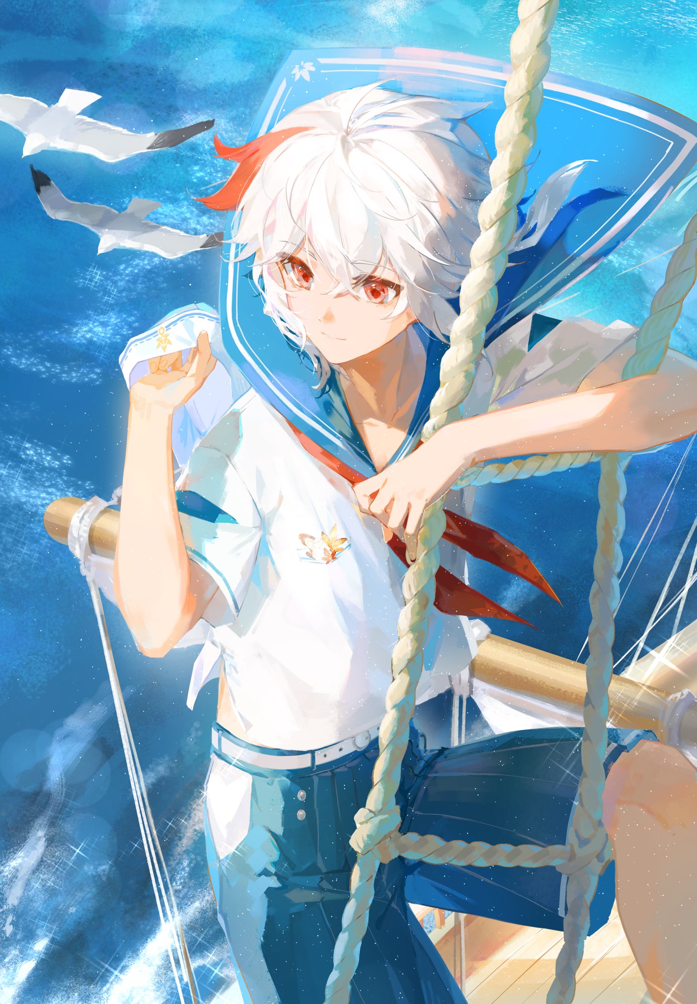 1boy, a_ji, belt, bird, blue_background, blue_pants, blue_sailor_collar, closed_mouth