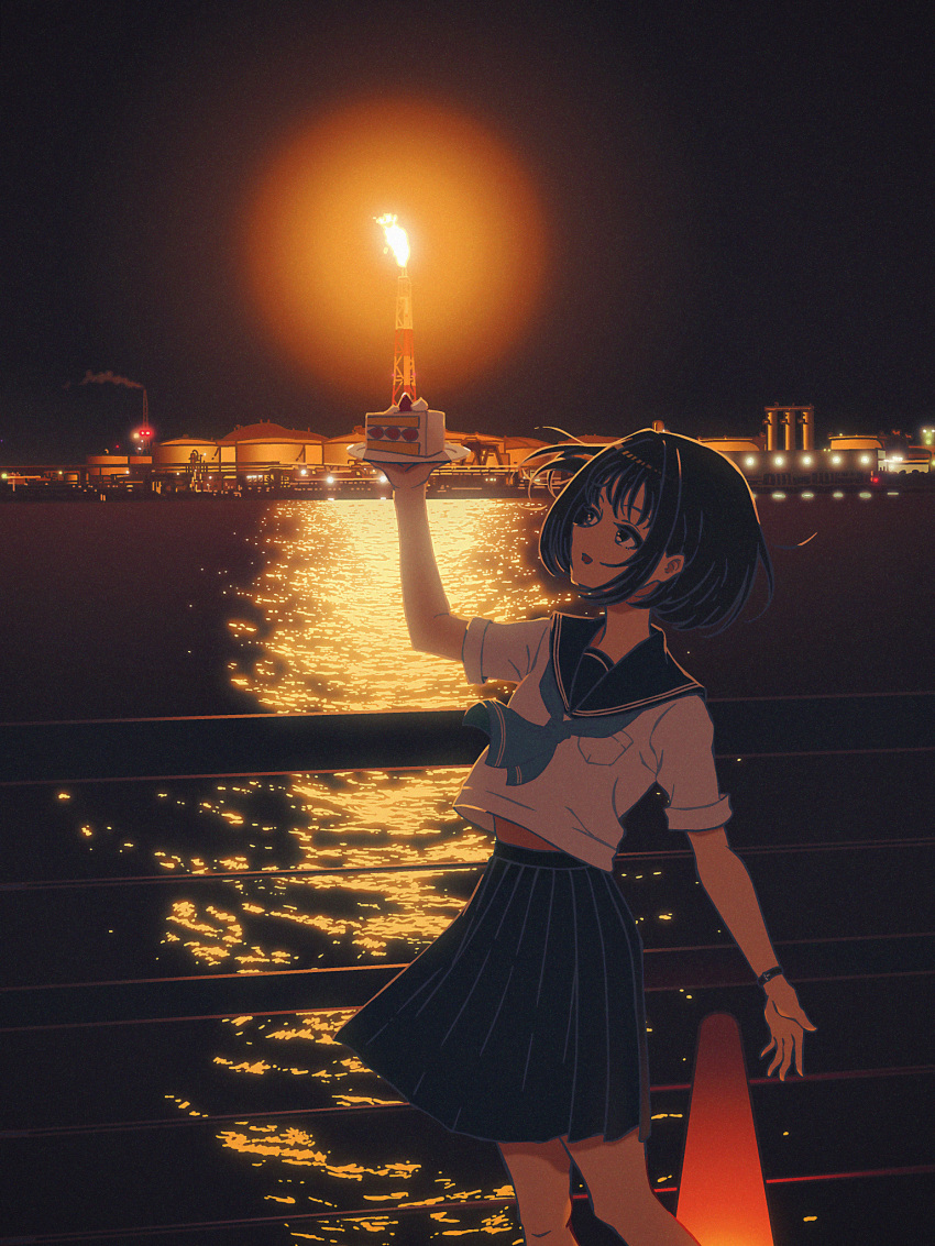 1girl, amemori_sayo, aqua_neckerchief, arm_up, aura, bay, black_hair, black_sailor_collar