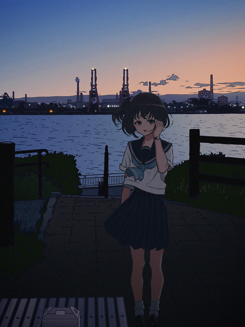 1girl, amemori_sayo, aqua_neckerchief, arm_at_side, bay, bench, black_eyes, black_hair