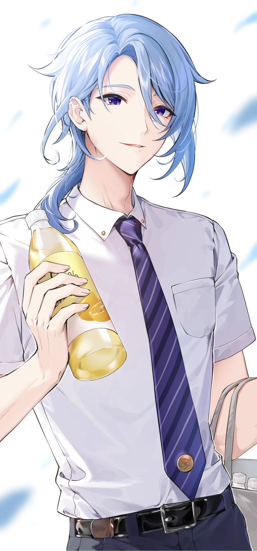 1boy, absurdres, bag, belt, blue_hair, blue_necktie, blue_pants, bottle