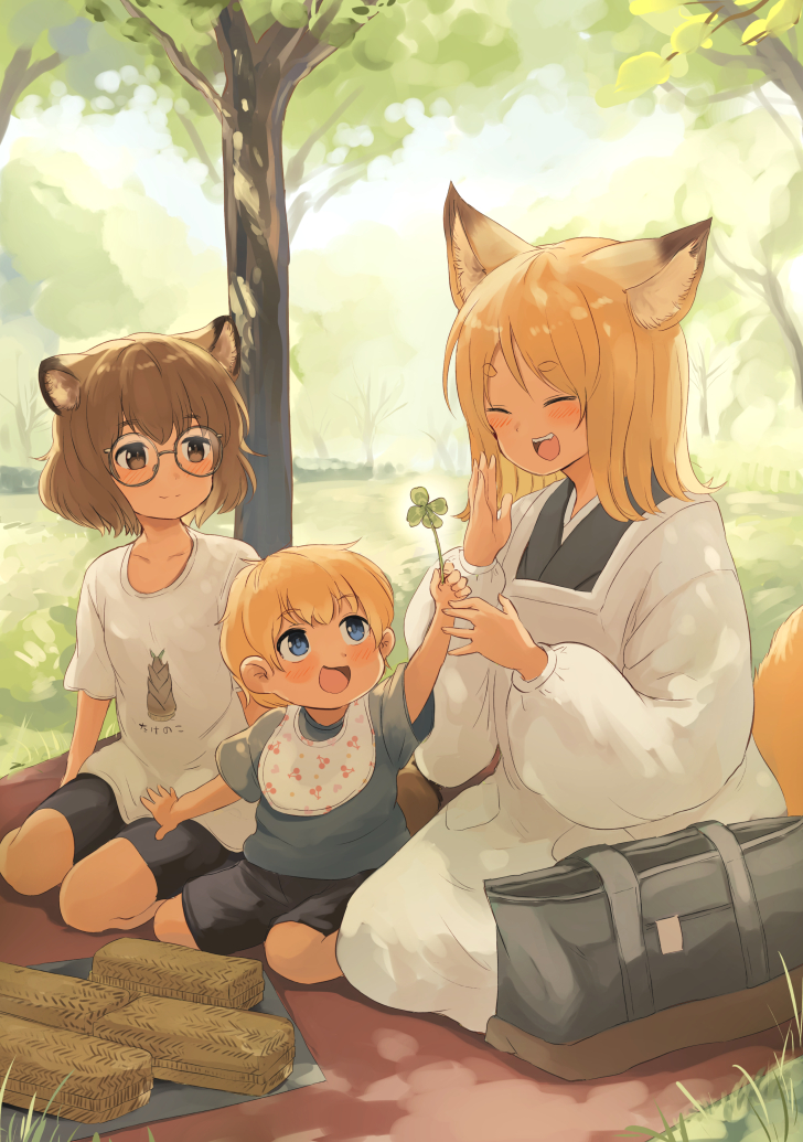 1boy, 2girls, animal_ear_fluff, animal_ears, bag, batta_(kanzume_quality), bib, bike_shorts