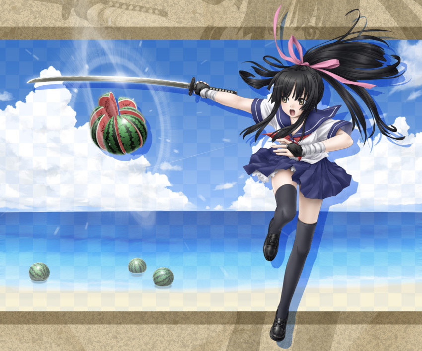 beach, black_hair, black_legwear, black_thighhighs, checkered, cloud, clouds, eichikei_(hakuto)