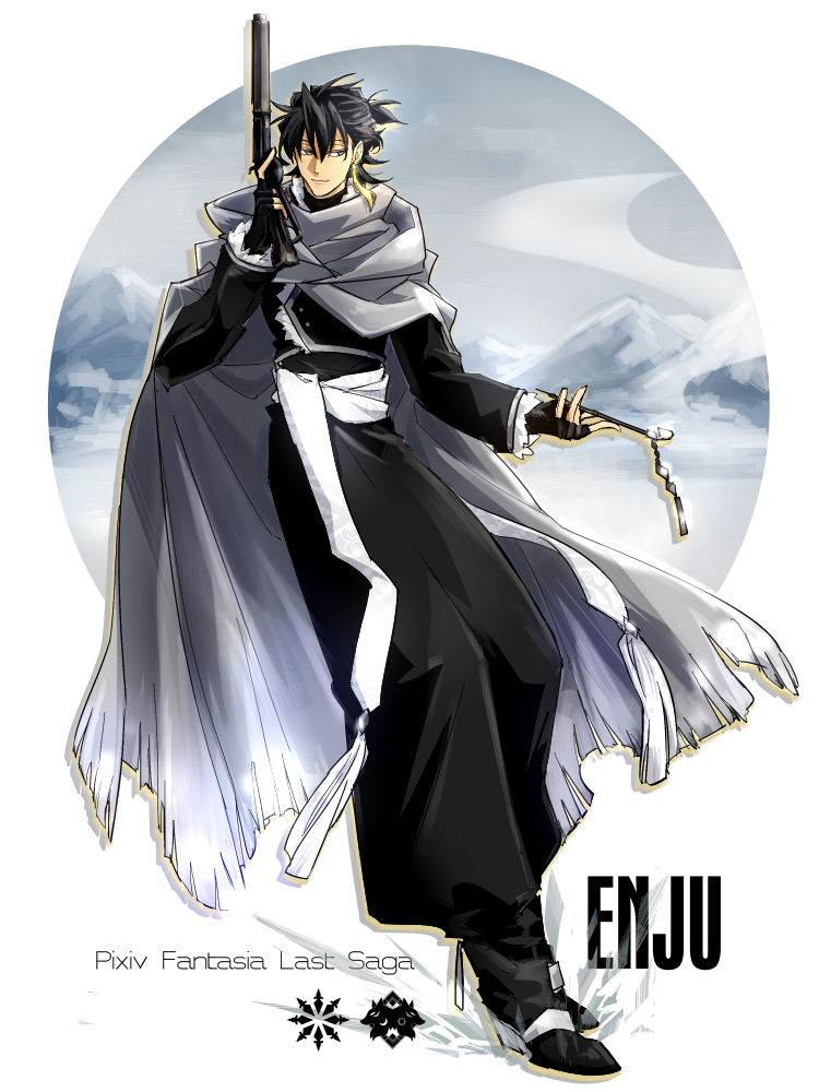 1boy, black_hair, cape, character_name, copyright_name, earrings, enju_(pixiv_fantasia_last_saga), fingerless_gloves