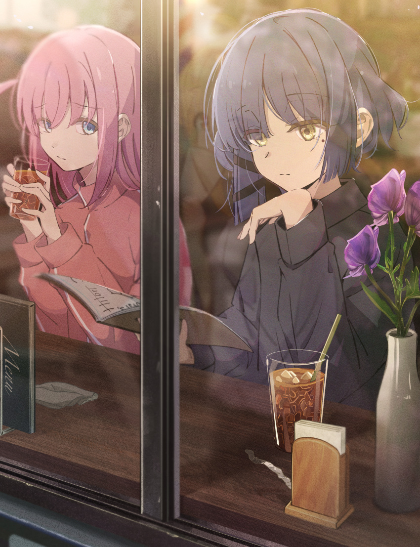 3girls, absurdres, black_shirt, blue_eyes, blue_hair, bocchi_the_rock!, closed_mouth, cup