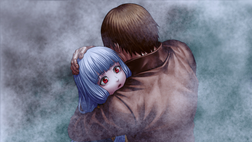 1boy, 1girl, :o, back, blunt_bangs, brown_hair, brown_jacket, fingernails