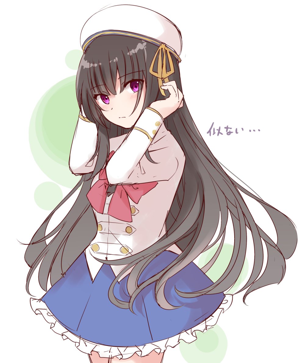 1girl, assault_lily, benini, beret, black_hair, blue_skirt, bow, bowtie