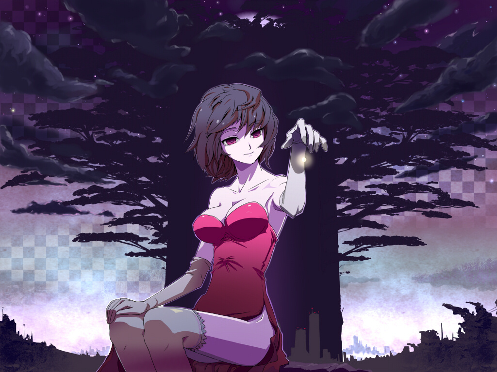 brown_hair, cleavage, dress, elbow_gloves, gloves, haya-g, meiko, red_eyes