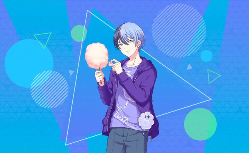 1boy, aoyagi_touya, blue_hair, character_name, circle, closed_mouth, colorful_palette, cotton_candy