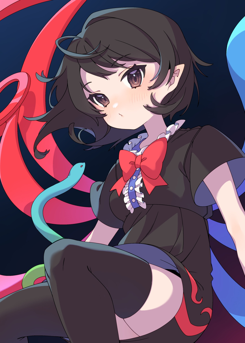 1girl, absurdres, asymmetrical_wings, black_dress, black_hair, black_thighhighs, blue_wings, blush