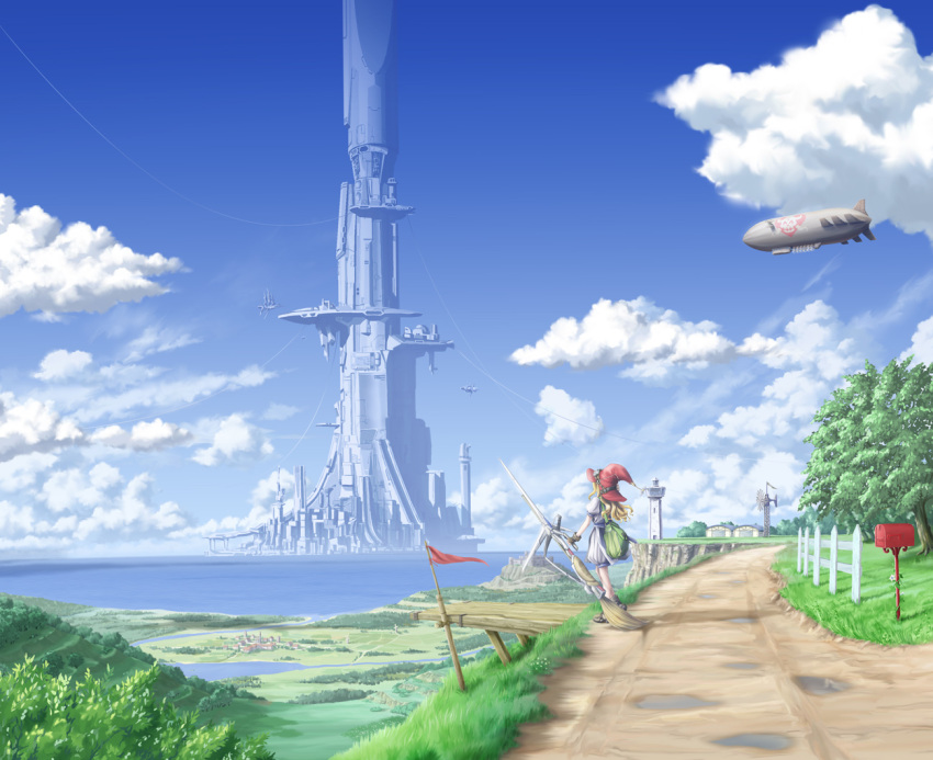 bag, blimp, blonde_hair, broom, cloud, clouds, dirigible, eichikei_(hakuto)