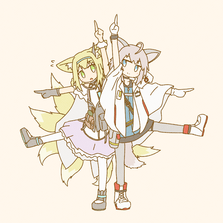 2girls, ahoge, animal_ears, arknights, black_footwear, black_gloves, blonde_hair, blue_dress, blue_eyes, blue_hairband, blue_skirt, blush, boots, braid, braided_hair_rings, cape, cross, dress, flying_sweatdrops, fox_ears, fox_tail, frilled_skirt, frills, full_body, gloves, green_eyes, grey_hair, hair_rings, hairband, index_finger_raised, kitsune, kyuubi, moon_sugar, multiple_girls, multiple_tails, open_mouth, pantyhose, pointing, red_cross, shoujo_shuumatsu_ryokou, single_glove, skirt, smile, standing, standing_on_one_leg, sussurro_(arknights), suzuran_(arknights), tail, ugoku_ugoku, white_cape, white_footwear, white_pantyhose
