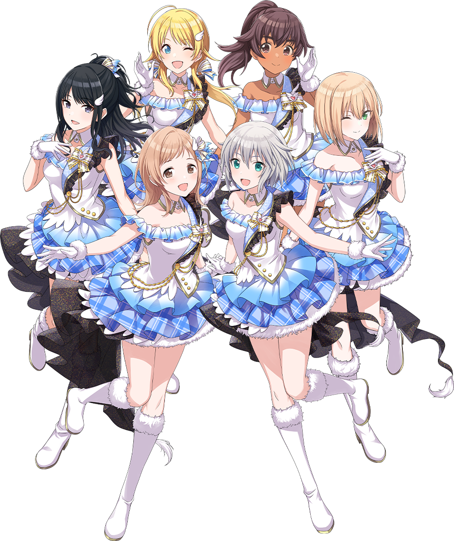 30_minutes_sisters, 6+girls, black_eyes, black_hair, blonde_hair, blue_eyes, blue_skirt, boots