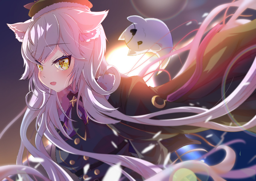 1girl, animal_ear_fluff, animal_ears, black_cape, black_dress, blush, cape, cat_ears, cat_girl, danball_shiro, dress, highres, indie_virtual_youtuber, jacket, long_hair, looking_at_viewer, military, military_jacket, military_uniform, nyatasha_nyanners, nyatasha_nyanners_(commander_cat), open_mouth, smile, solo, sun, uniform, virtual_youtuber, yellow_eyes