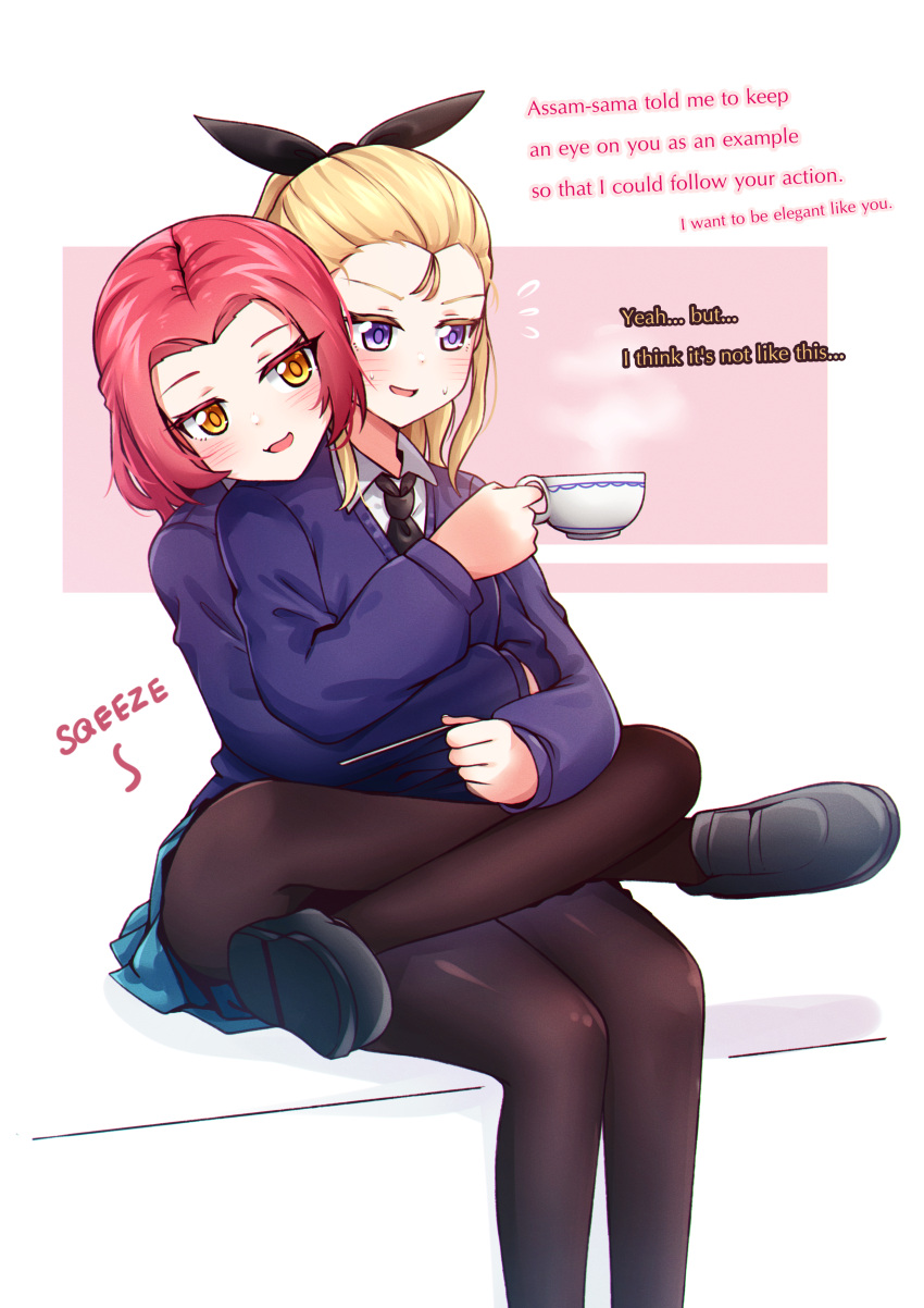 2girls, absurdres, assam_(girls_und_panzer), black_pantyhose, blonde_hair, blue_eyes, blush, cup