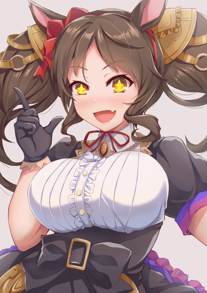 +_+, 1girl, :d, absurdres, animal_ears, black_gloves, blush, breasts, brown_hair, center_frills, fang, frills, gloves, highres, horse_ears, horse_girl, index_finger_raised, kazetuki_hajime, large_breasts, long_hair, marvelous_sunday_(umamusume), open_mouth, oppai_loli, orange_eyes, puffy_short_sleeves, puffy_sleeves, saddle_hair_ornament, short_sleeves, skin_fang, smile, solo, twintails, umamusume, upper_body
