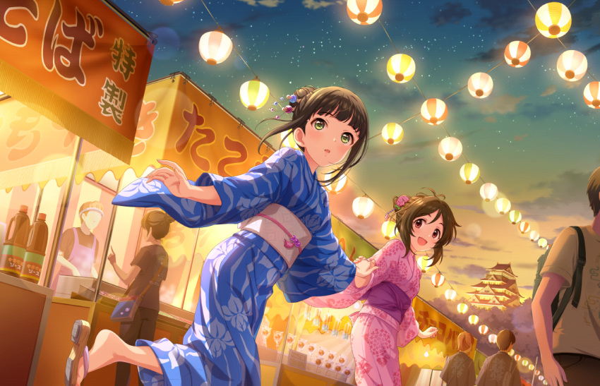 2girls, blue_kimono, blush, breasts, domyoji_karin, hamaguchi_ayame, himeji_castle, holding_hands