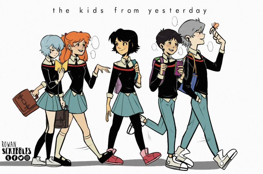 2boys, 3girls, artist_name, ayanami_rei, backpack, bag, black_eyes, black_footwear