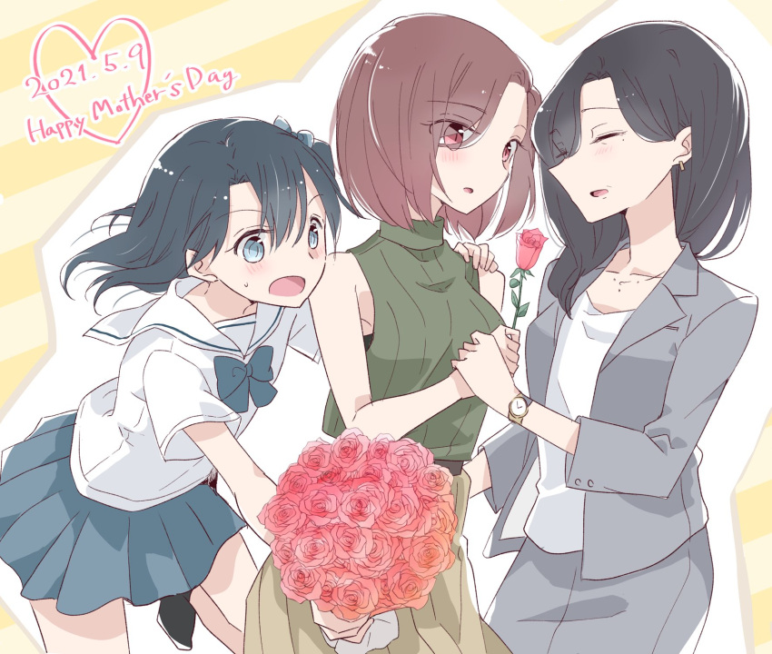 3girls, 66ta1yak1, age_difference, black_hair, blush, bouquet, brown_hair, english_text