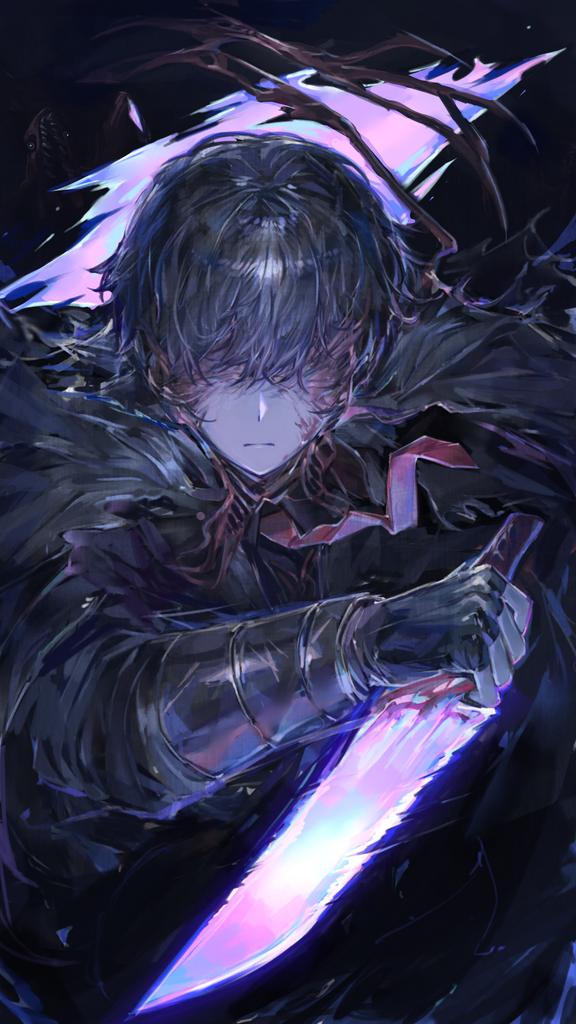 1boy, black_cape, black_gloves, black_hair, black_shirt, cape, closed_mouth, covered_eyes