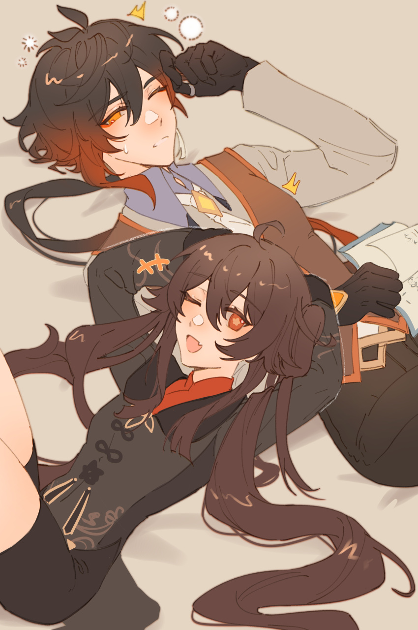 1boy, 1girl, absurdres, black_gloves, black_hair, black_nails, black_shorts, blush