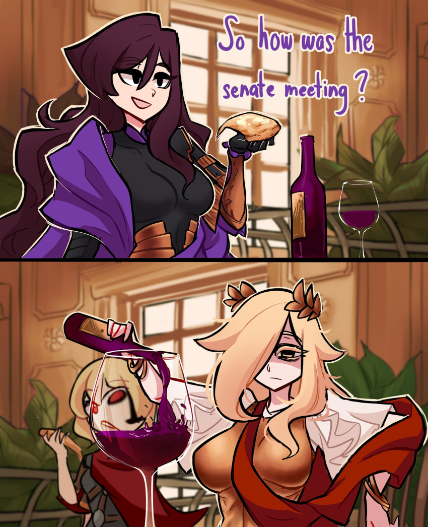 absurdres, alcohol, blonde_hair, bottle, brown_hair, centurii-chan, centurii-chan_(artist), cup