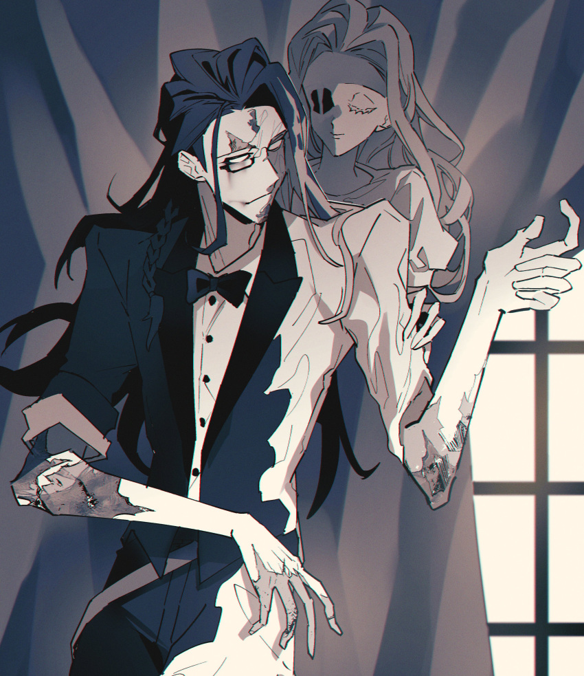 1boy, 1girl, absurdres, blank_eyes, bow, bowtie, brother_and_sister, burn_scar, christina_(identity_v), closed_eyes, closed_mouth, collared_shirt, cowboy_shot, curtains, disembodied_torso, dress_shirt, greyscale, hair_behind_ear, hand_on_another's_arm, hand_up, highres, hiroi, hollow_eyes, identity_v, jacket, lapels, long_hair, looking_at_another, looking_to_the_side, monochrome, monocle, official_alternate_costume, open_clothes, open_jacket, pants, parted_bangs, philippe_(identity_v), puffy_short_sleeves, puffy_sleeves, scar, shawl_lapels, shirt, short_sleeves, siblings, sleeves_rolled_up, suit_jacket, wax, window