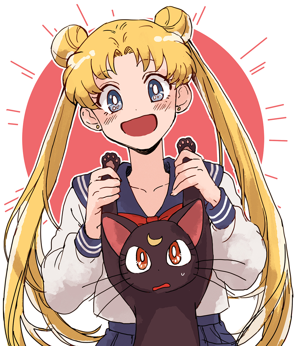 bishoujo_senshi_sailor_moon, black_cat, blonde_hair, blue_sailor_collar, blue_skirt, blush, cat, double_bun