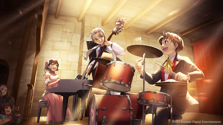 2boys, 3girls, brown_eyes, brown_hair, character_request, closed_eyes, closed_mouth, dress