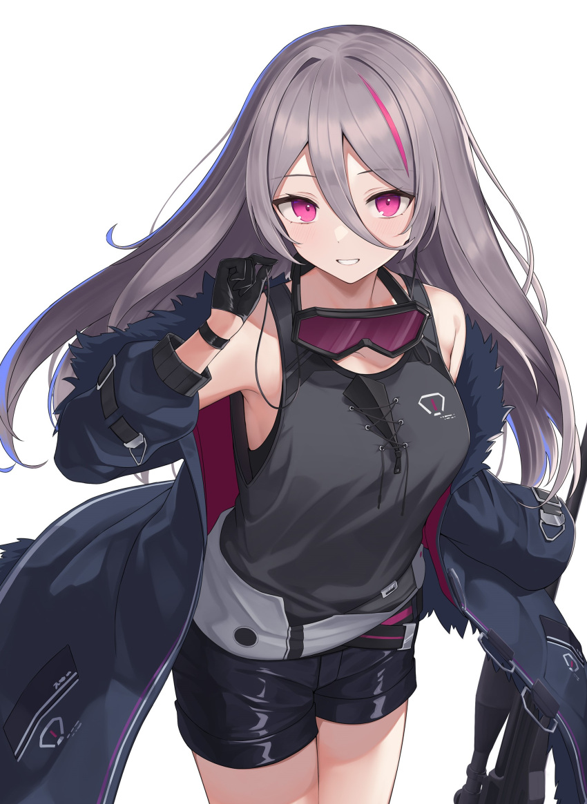1girl, absurdres, black_coat, black_gloves, blush, breasts, coat, collarbone
