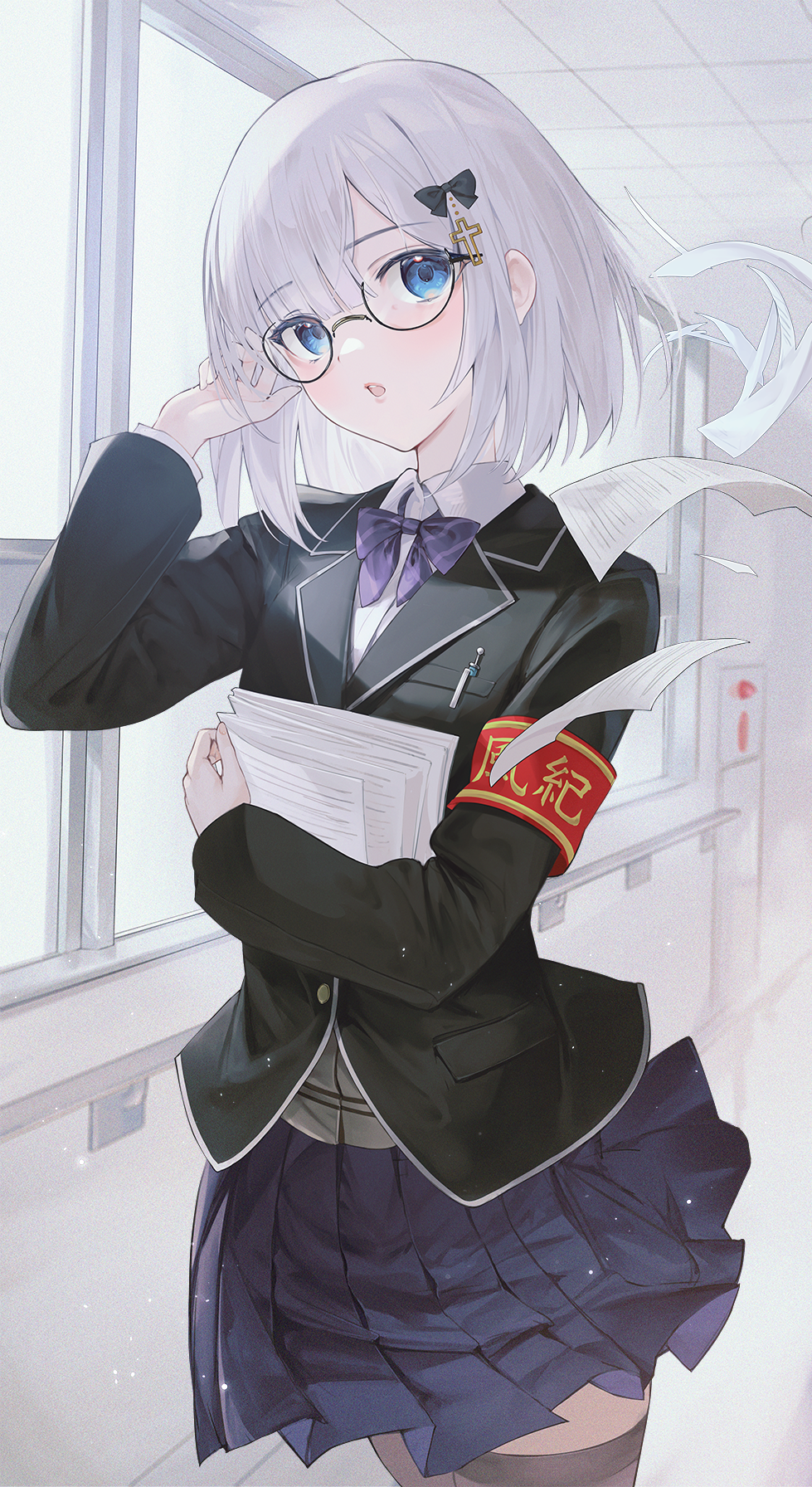 1girl, black_bow, black_jacket, black_thighhighs, blazer, blue_bow, blue_eyes, blue_skirt