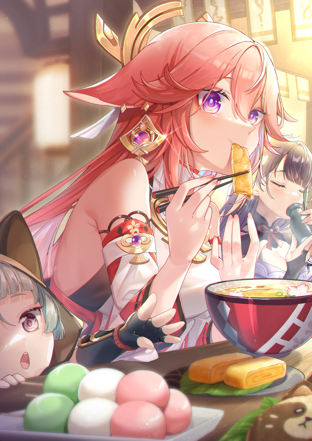 3girls, :o, animal-themed_food, animal_ears, animal_hood, architecture, arm_guards, black_gloves