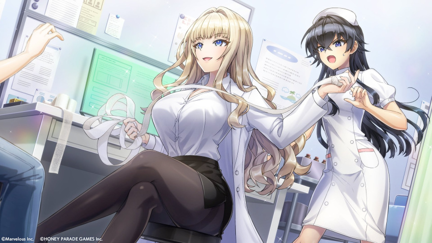 2girls, bandages, black_hair, black_skirt, blonde_hair, blue_eyes, coat, collared_shirt