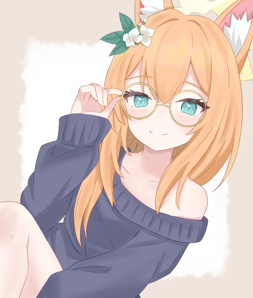 1717inamin, 1girl, adjusting_eyewear, alternate_costume, animal_ear_fluff, animal_ears, bespectacled, blue_archive, blue_eyes, collarbone, flower, glasses, hair_flower, hair_ornament, halo, highres, looking_at_viewer, mari_(blue_archive), off_shoulder, smile, solo, sweater