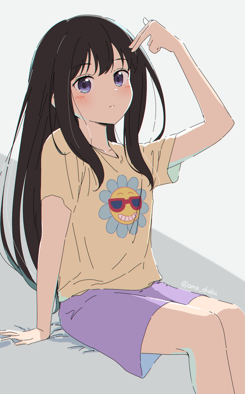 1girl, ama_(ama_ekaku), arm_support, arm_up, black_hair, blush, closed_mouth, collarbone