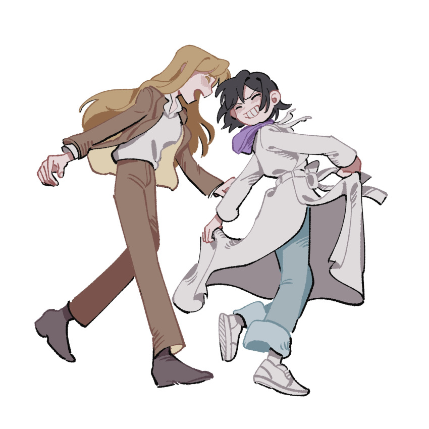 2girls, absurdres, black_hair, blue_pants, brown_footwear, brown_hair, brown_jacket, brown_pants