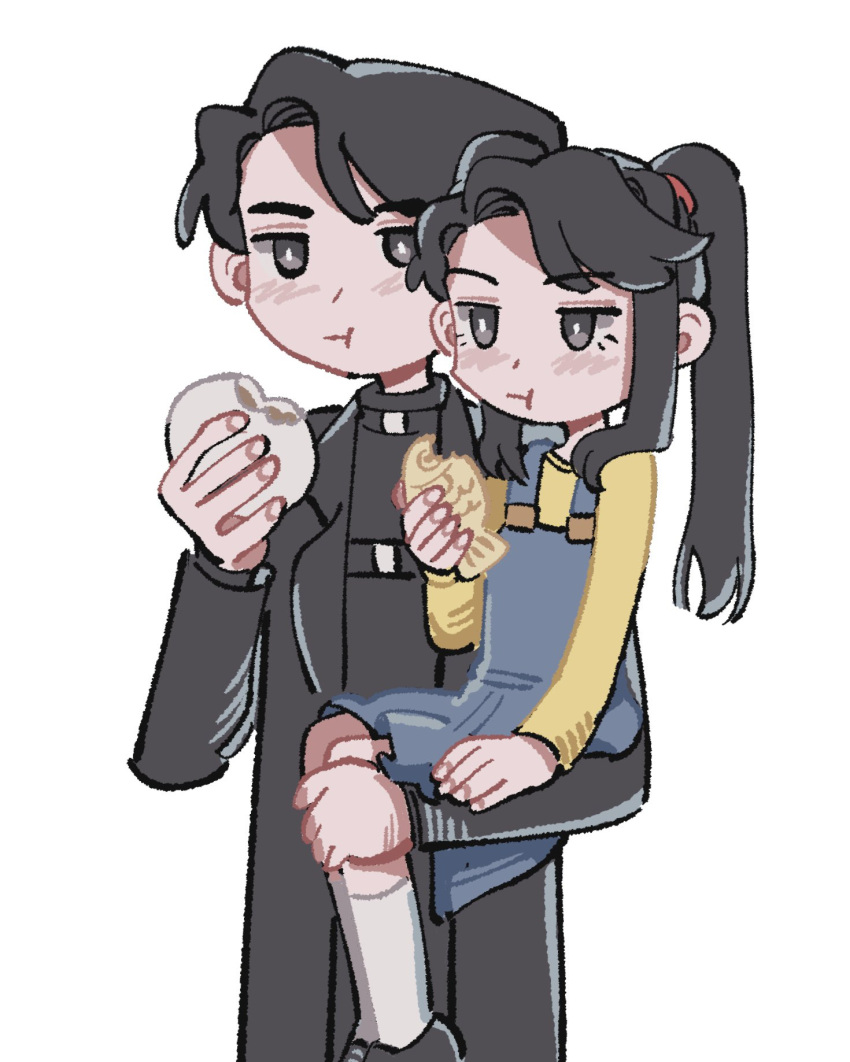 1boy, 1girl, baozi, black_eyes, black_hair, blue_dress, brother_and_sister, carrying, child, closed_mouth, dress, eating, female_child, food, highres, holding, holding_food, long_hair, long_sleeves, omniscient_reader's_viewpoint, ponytail, rude_rudy, shirt, short_hair, siblings, simple_background, sitting, sitting_on_arm, socks, standing, taiyaki, wagashi, white_background, white_socks, yellow_shirt, yoo_joonghyuk, yoo_mia
