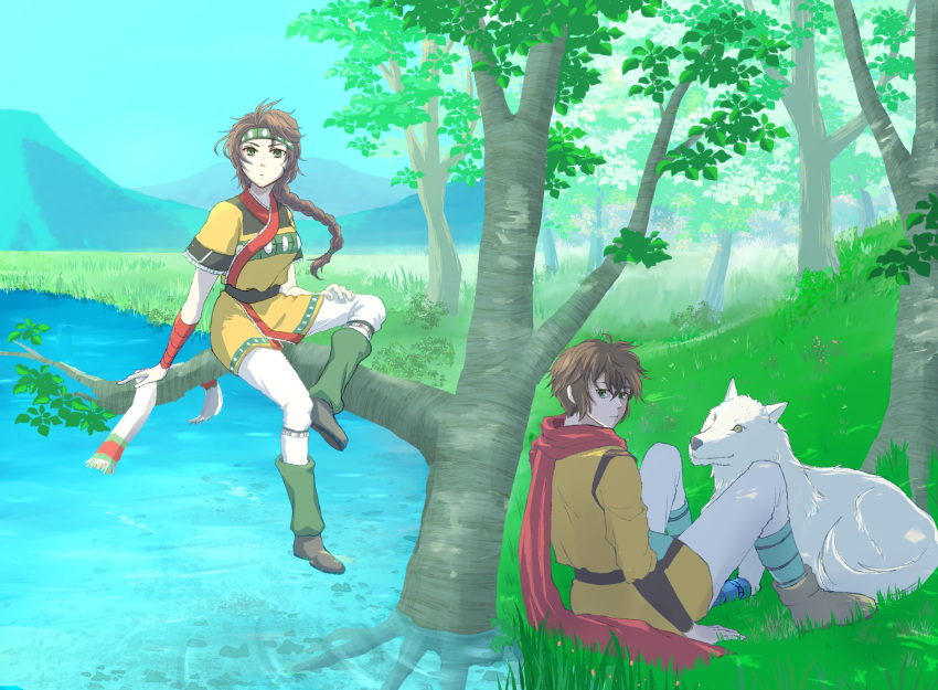 1boy, 1girl, ayda_(suikoden), braid, breasts, brown_hair, full_body, gensou_suikoden