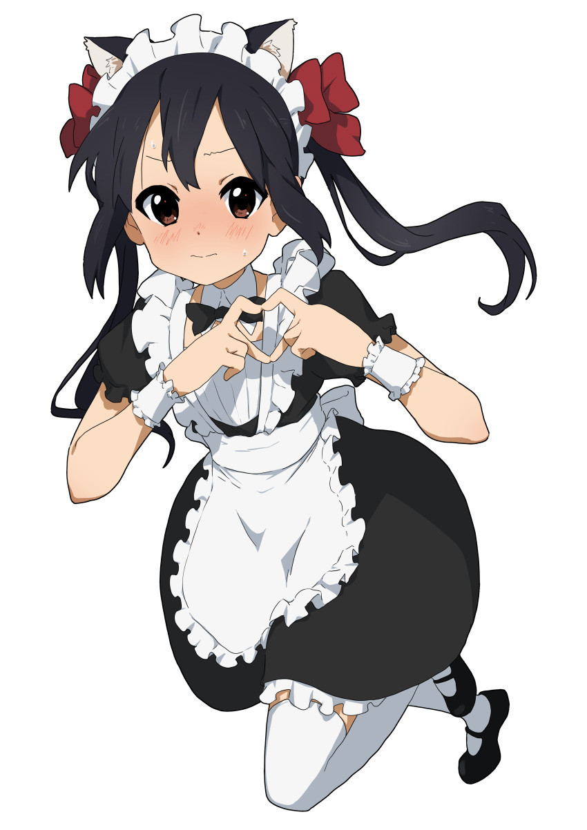 1girl, absurdres, alternate_costume, animal_ears, black_footwear, black_hair, blush, bow, bowtie, brown_eyes, cat_ears, detached_collar, embarrassed, enmaided, frilled_bracelet, frills, full_body, hair_bow, heart, heart_hands, highres, k-on!, kicchi_(tmgk), leg_up, long_hair, looking_at_viewer, maid, maid_headdress, mary_janes, multiple_hair_bows, nakano_azusa, shoes, simple_background, solo, sweatdrop, thigh-highs, twintails, white_background, white_thighhighs
