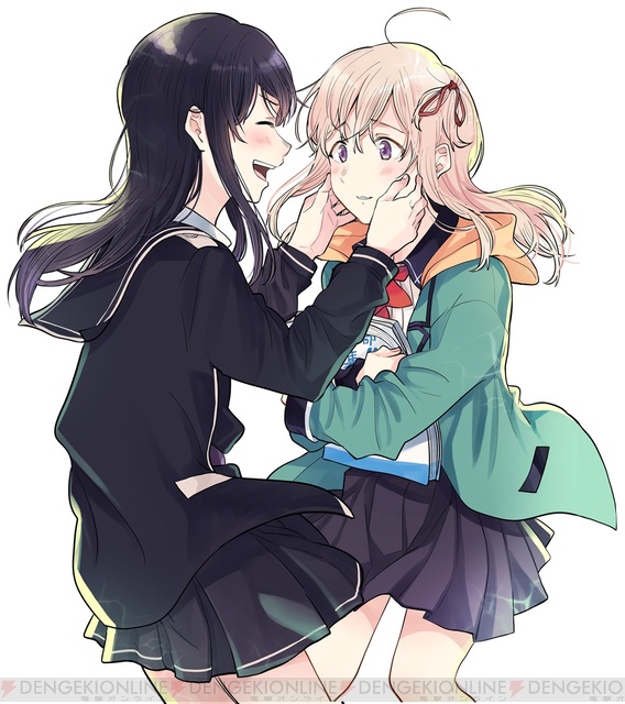 2girls, ahoge, amano_konatsu, black_hair, black_sailor_collar, black_serafuku, black_shirt, blonde_hair, blue_shirt, blue_skirt, blush, cheek_pull, closed_eyes, collared_shirt, commentary_request, cowboy_shot, dengeki_online, floating_hair, green_jacket, hagino_makoto, hair_ribbon, hirose_kaede, holding, holding_paper, hood, hooded_jacket, jacket, long_hair, long_sleeves, looking_at_another, multiple_girls, nettaigyo_wa_yuki_ni_kogareru, official_art, open_mouth, paper, parted_lips, pleated_skirt, puffy_sleeves, red_ribbon, ribbon, sailor_collar, school_uniform, serafuku, shirt, sidelocks, simple_background, skirt, smile, teeth, upper_teeth_only, violet_eyes, watermark, white_background