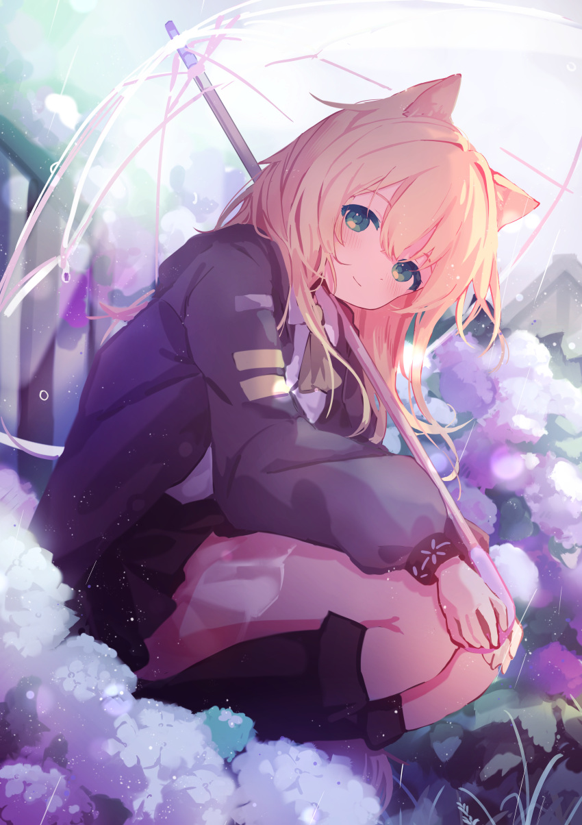 1girl, absurdres, animal_ears, arknights, ascot, black_footwear, black_skirt, blonde_hair, boots, commentary, cy_fros, dog_ears, dog_girl, flower, green_eyes, green_jacket, highres, holding, holding_umbrella, infection_monitor_(arknights), jacket, long_hair, long_sleeves, looking_at_viewer, outdoors, pleated_skirt, podenco_(arknights), rain, shirt, skirt, smile, solo, squatting, thighs, transparent, transparent_umbrella, umbrella, white_shirt, yellow_ascot