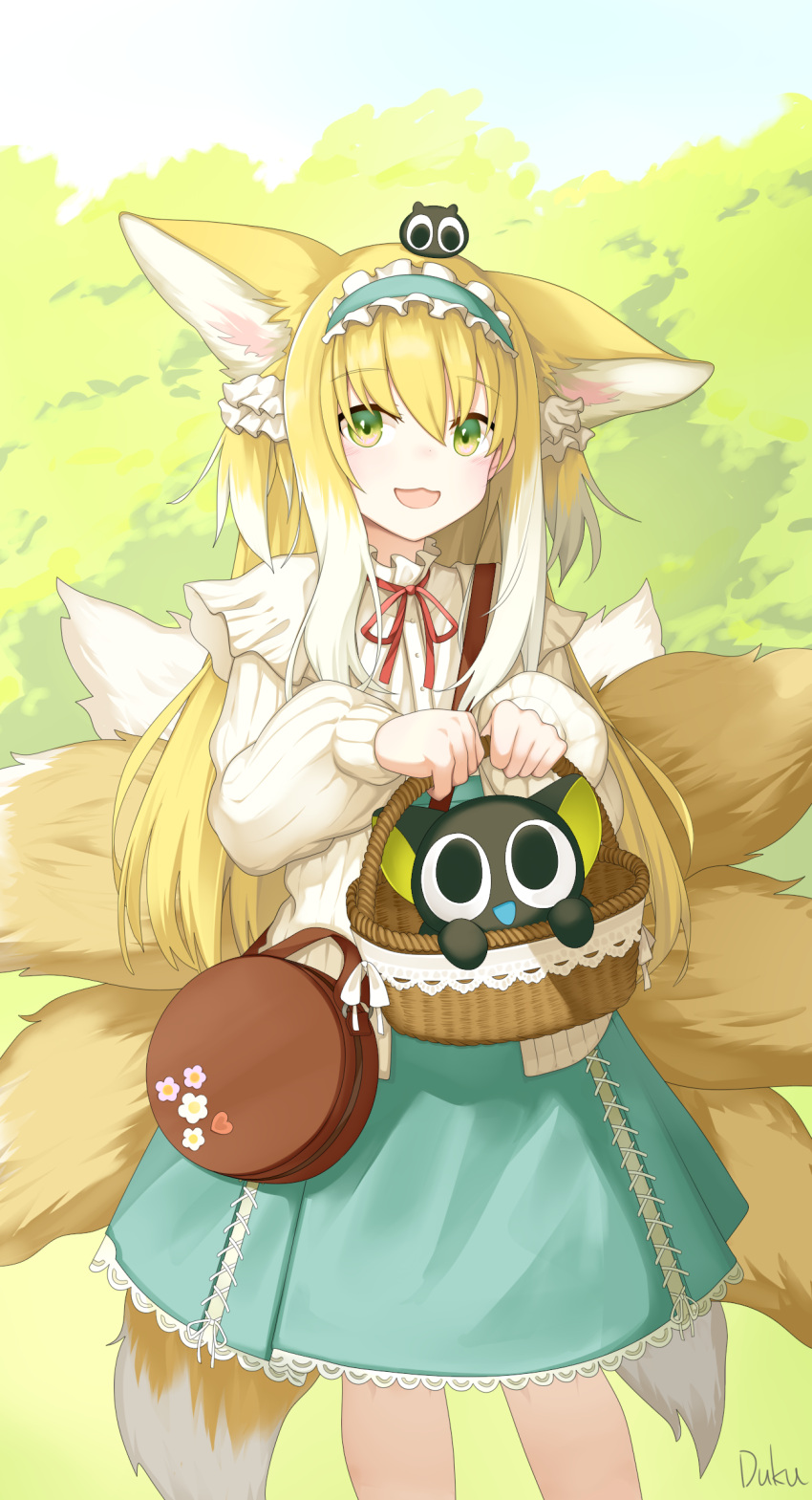 1girl, :3, :d, absurdres, animal_ears, arknights, basket, blonde_hair