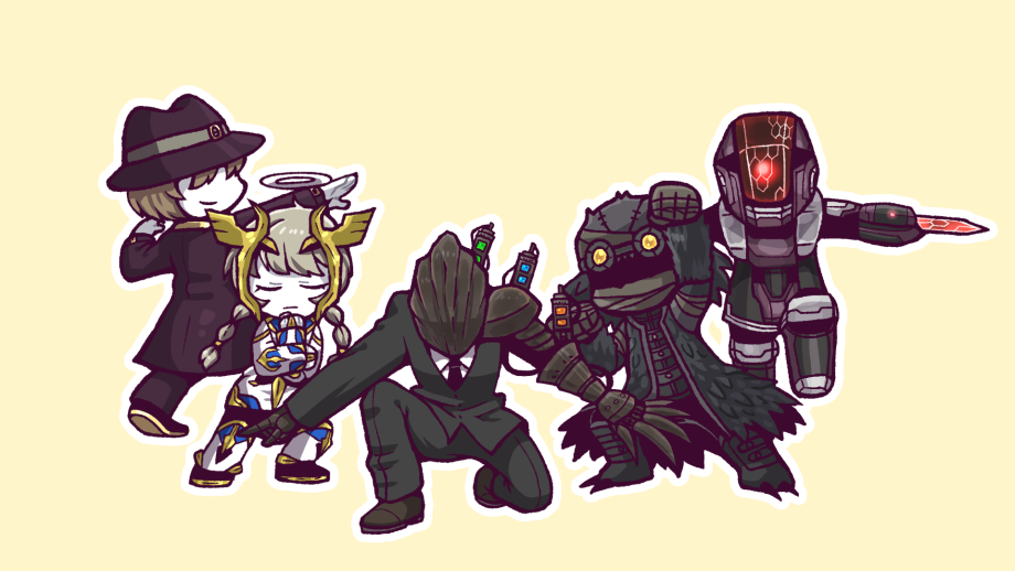 1girl, 2boys, 2others, baral_(library_of_ruina), black_coat, black_fixer_(lobotomy_corporation), black_headwear, black_jacket